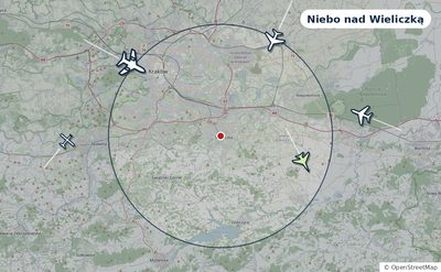 Mapa okolic miasta z sylwetkami samolotów — Niebo nad Wieliczką na żywo