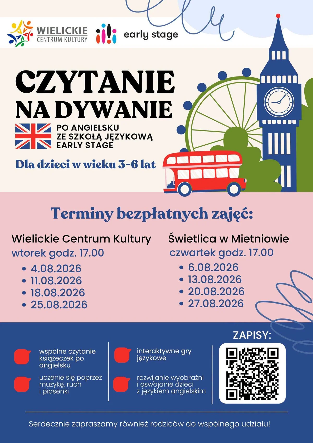 Grafika promocyjna wydarzenia Bezpłatne zajęcia z języka angielskiego dla najmłodszych