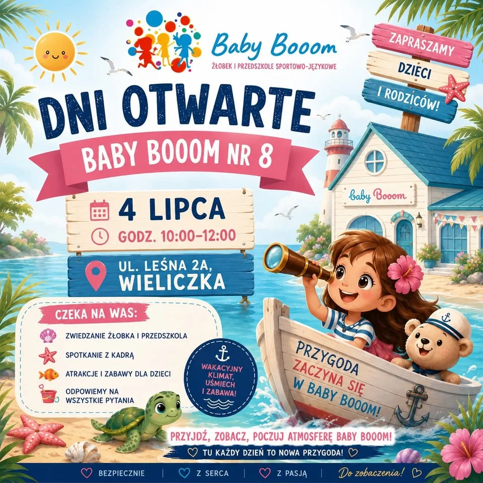 Grafika promocyjna wydarzenia Dzień otwarty Baby Booom nr 8 w Wieliczce. Nowa przestrzeń dla dzieci do poznania w wakacyjnym klimacie