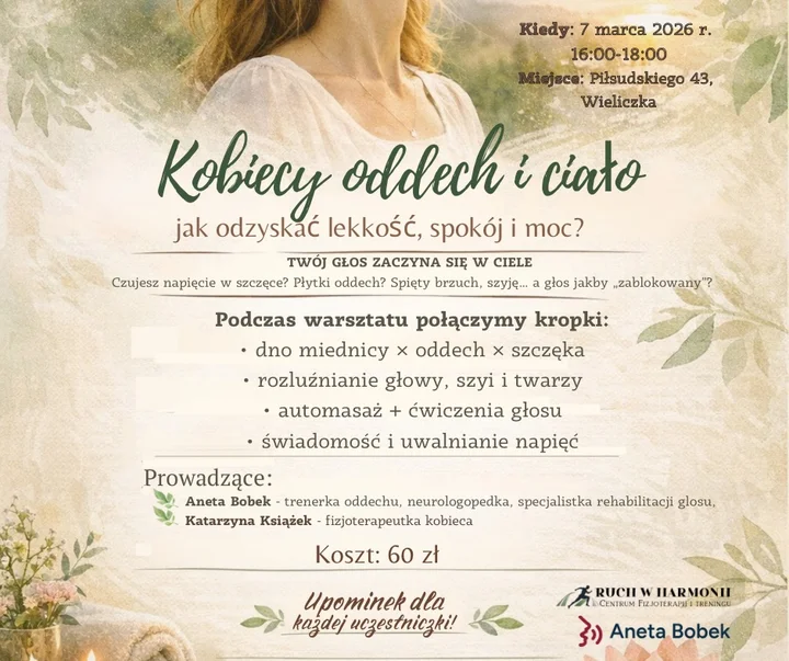 Grafika promocyjna wydarzenia Kobiecy oddech i ciało – jak odzyskać lekkość, spokój i moc?