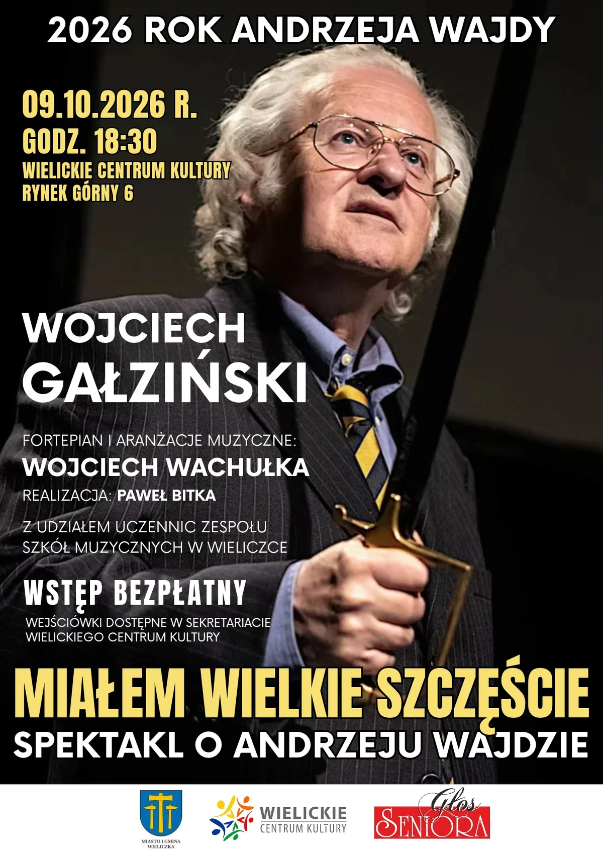 Grafika promocyjna wydarzenia „Miałem wielkie szczęście” – bezpłatny spektakl o Andrzeju Wajdzie