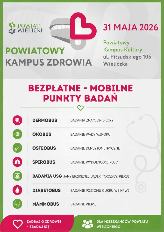 Grafika promocyjna wydarzenia Powiatowy Kampus Zdrowia w Wieliczce – bezpłatne badania profilaktyczne 31 maja 2026