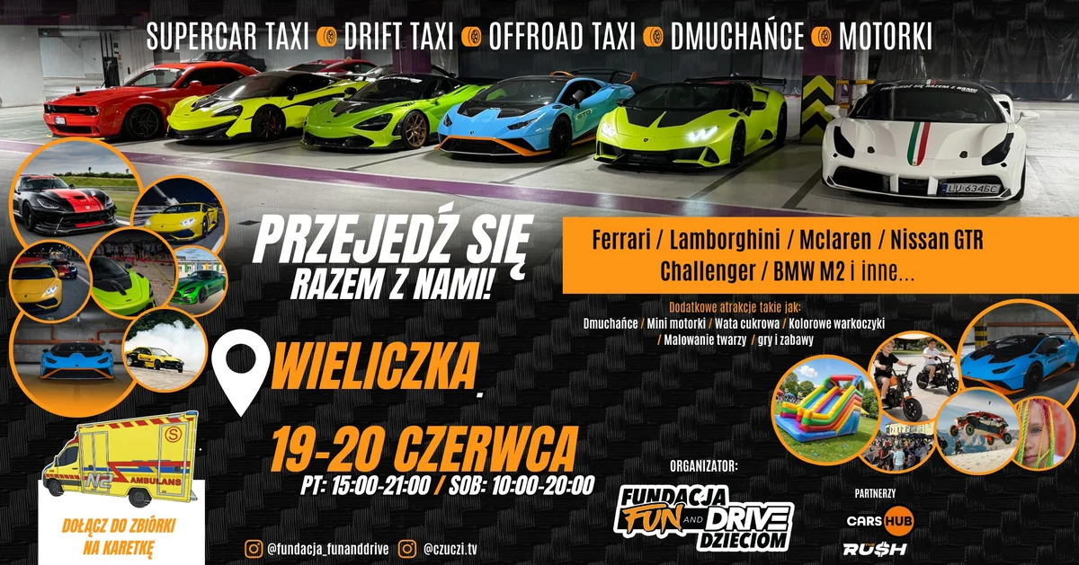 Grafika promocyjna wydarzenia Przejedź się Ferrari, Lamborghini, McLaren, GTR, Challenger, BMW w Wieliczce