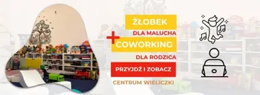 Grafika promocyjna wydarzenia Dzień Otwarty w Solinkach w Wieliczce: żłobek i coworking w jednym miejscu