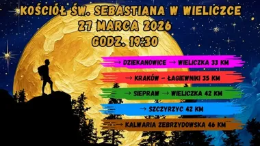 Grafika promocyjna wydarzenia Ekstremalna Droga Krzyżowa – Wieliczka 2026: nocna wędrówka z rozważaniem Męki Pańskiej