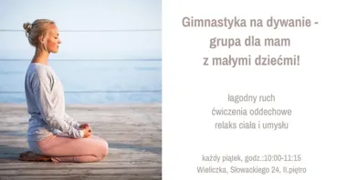 Grafika promocyjna wydarzenia Gimnastyka na dywanie dla mam z małymi dziećmi w Wieliczce