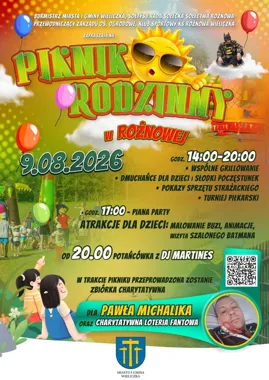 Grafika promocyjna wydarzenia Piknik Rodzinny w Rożnowej 2026 – atrakcje i termin