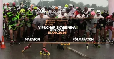 Grafika promocyjna wydarzenia O Puchar Skarbnika 2026 w Wieliczce. V edycja zawodów w jeździe szybkiej na rolkach