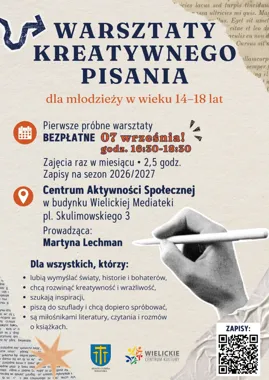 Grafika promocyjna wydarzenia Warsztaty kreatywnego pisania dla młodzieży
