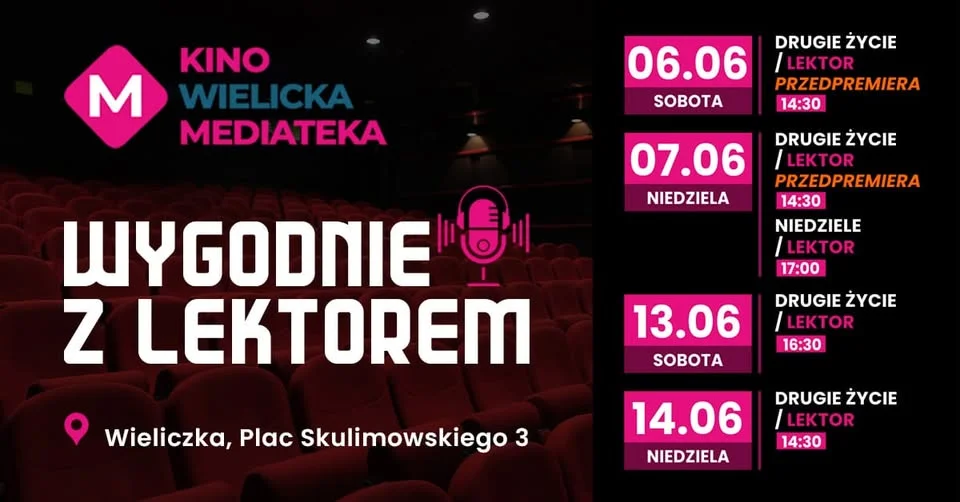 Grafika promocyjna wydarzenia Wygodnie z lektorem w Wielickiej Mediatece – czerwcowe kino bez pośpiechu