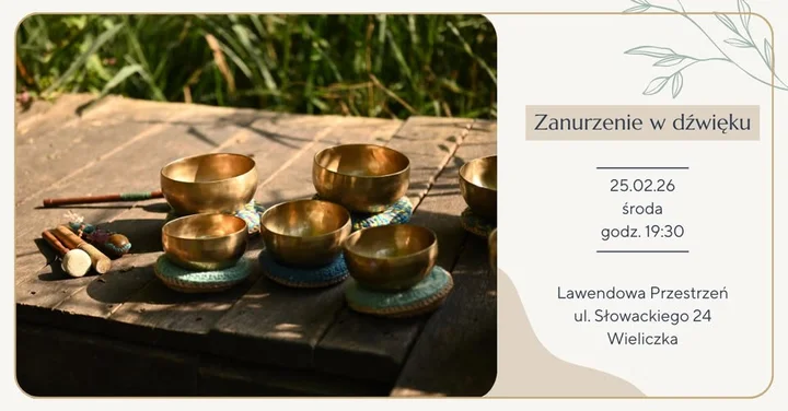 Grafika promocyjna wydarzenia Zanurzenie w dźwięku — kąpiel dźwiękowa w Lawendowej Przestrzeni