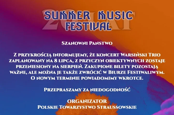 Koncert Warsiński Trio przełożony. Bilety zachowują ważność